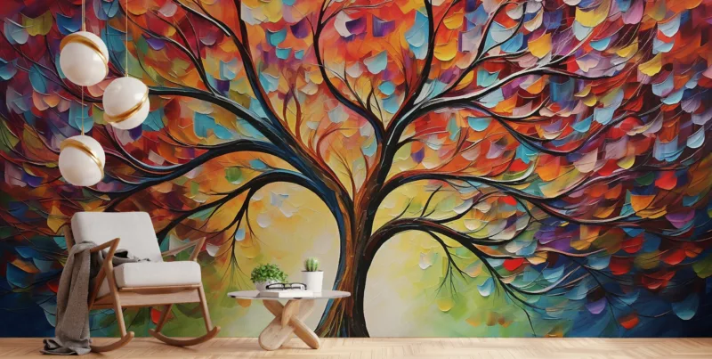 Meditation Wall Decor Abstract Tree Art Peel Stick Wallpaper - "Tranquil multicolor forest landscape wall art featuring a canvas-style design with abstract trees, creating a serene and peaceful atmosphere for modern Zen-inspired home décor.