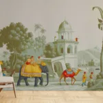 Mughal Art Miniature Painting With Elephant And Camel Peel And Stick Wall Decal, Showcasing detailed elephants and camels, this peel and stick wall decal adds a touch of royal elegance to your space