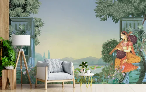 Mughal Miniature Art With Woman Playing Instrument Self Adhesive Wallpaper Mural Mughal Miniature Art With Woman Playing Instrument Self Adhesive Wallpaper Mural for Aesthetic View on your Wall