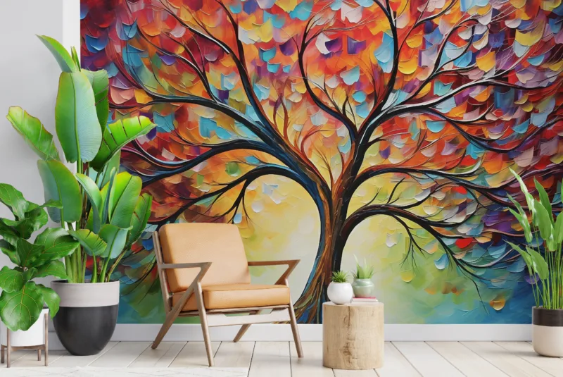 Multicolor Forest Tree Wall Mural Abstract Oil Painting Artistic Design for your living room special