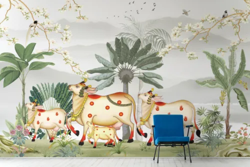 Pichwai Art Wallpaper Peel Stick Indian Lotus Floral Cow Mural Pichwai art peel-and-stick wallpaper featuring an Indian lotus floral design with a cow mural, adding vibrant, traditional style to nature-inspired room decor