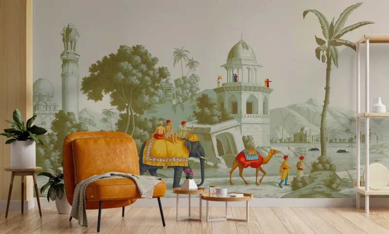 Soft Green Exotic Charm Indian Artistic Mughal Architectural Wallpapers Design, This Wall Mural Colors Softness a sophisticated wall décor