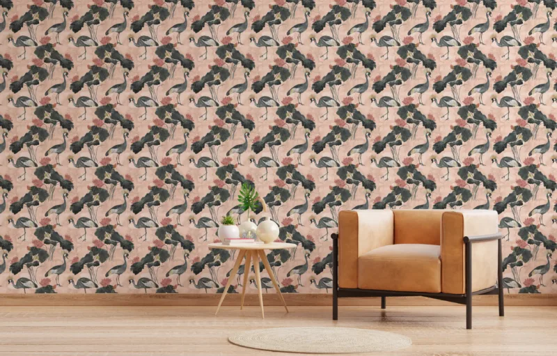Artistic Crane Bird Wallpaper With Lotus Flower For Wall Decoration