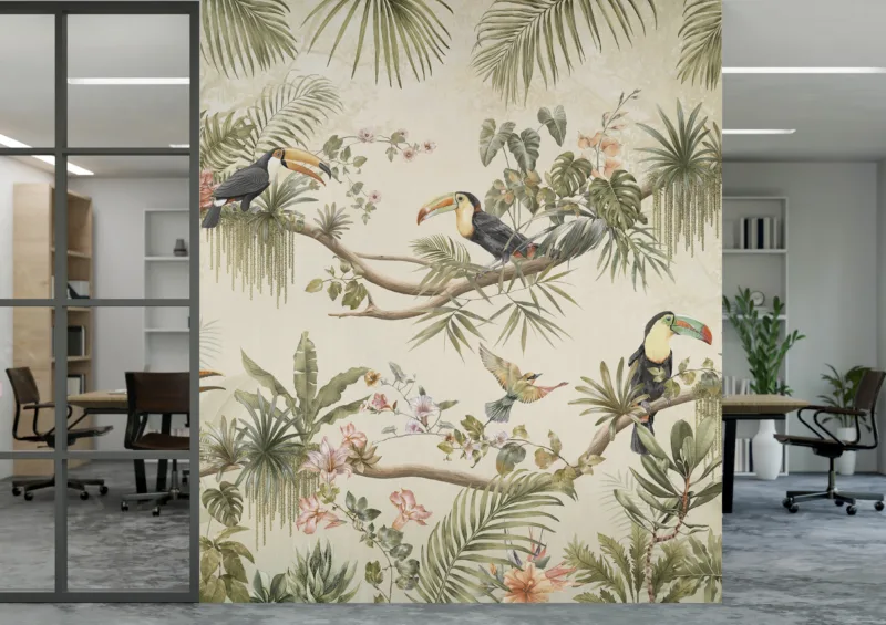 Boho Nursery Wallpaper Tropical Toucan Birds Green Leaf Jungle