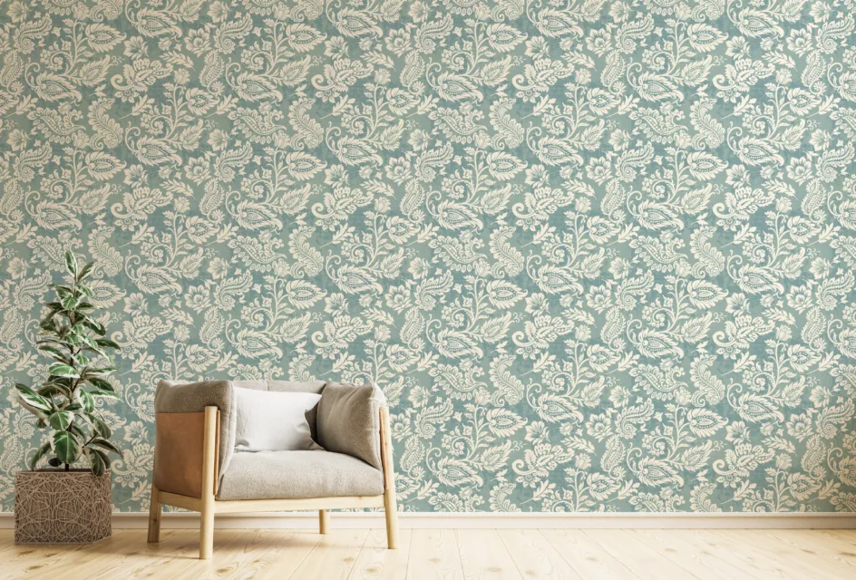 Home interior with armchair and decor in white color living room Designed for creative San Francisco homes, this Victorian-style wallpaper features a botanical theme that brings artistic elegance to any room. The peel and stick material ensures easy installation and removal, making it perfect for renters or frequent decorators. Ideal for accent walls, small spaces, or full-room coverage, it adds charm without overpowering.