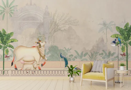 Cow And Calf Wallpaper Pichwai Indian Temple Art Peacock Cow And Calf Wallpaper Pichwai Indian Temple Art Peacock