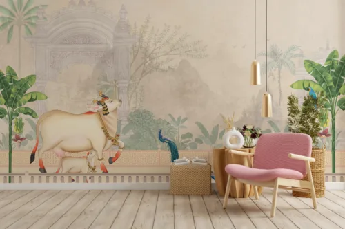 Pichwai Cow Wallpaper Indian Temple Peacock Mural Decor Art Pichwai Cow Wallpaper Indian Temple Peacock Mural Decor Art