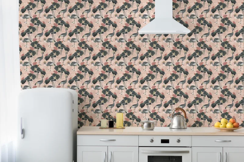 Pink And Green Oriental Wallpaper With Crane Birds And Lotus Flowers