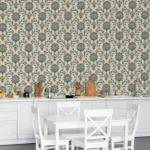 Retro Botanical Wallpaper Mustard Blue Damask Living Room