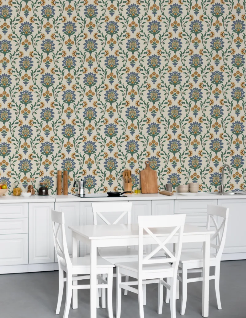Retro Botanical Wallpaper Mustard Blue Damask Living Room