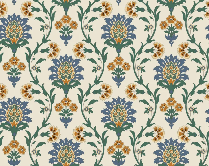 This retro floral damask wallpaper mural combines classic European damask styling with floral prints in a vibrant retro palette. Ideal for accent walls or full-room coverage, it's perfect for eclectic homes and design enthusiasts.