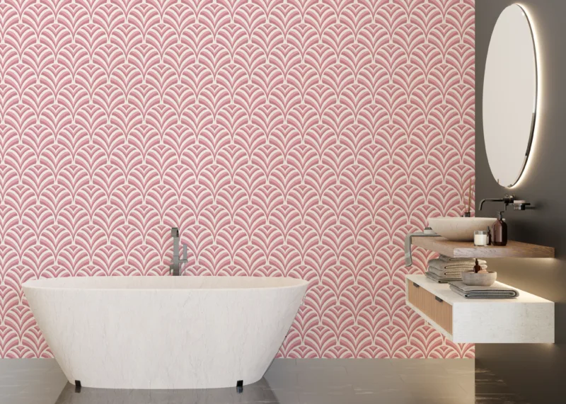 Trendy Art Deco Pink Wallpaper Peel And Stick Scallop Pattern Design