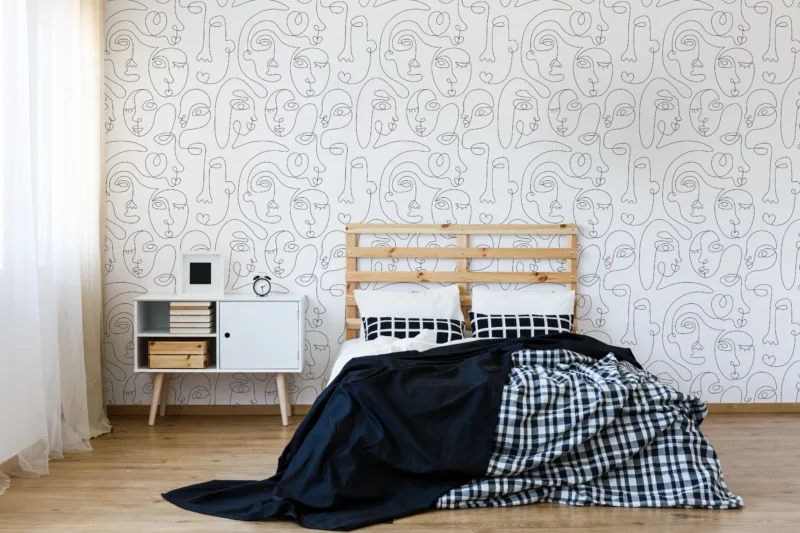 Abstract One Line Face Wall Mural For Bedroom Decor Brooklyn Design Spotlight Minimalist one-line abstract face wall mural for Brooklyn bedroom décor – modern artistic peel and stick wallpaper USA