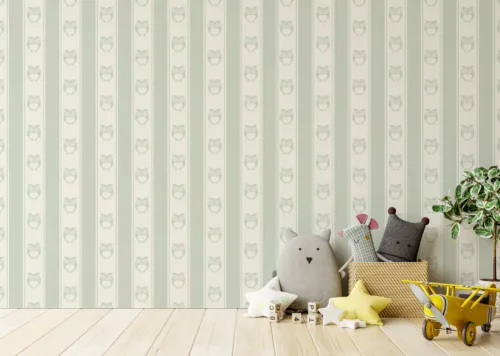Soft sage green forest wallpaper with owls, great for self adhesive nursery walls in Portland family spaces and Montessori-inspired playrooms.