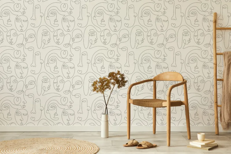Black And White Face Line Art Wallpaper Modern Boho Newyork Homes Special Modern black and white face line art wallpaper for New York homes – trending boho removable wall design