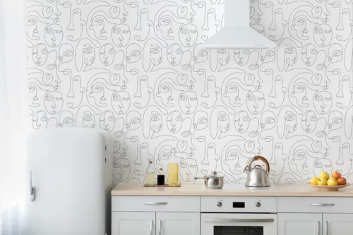 Boho Face Wallpaper One Line Drawing Modern Minimalist Chicago Interior Vibe Boho one-line face drawing wallpaper for Chicago lofts – minimalist wall décor with modern artistic flair