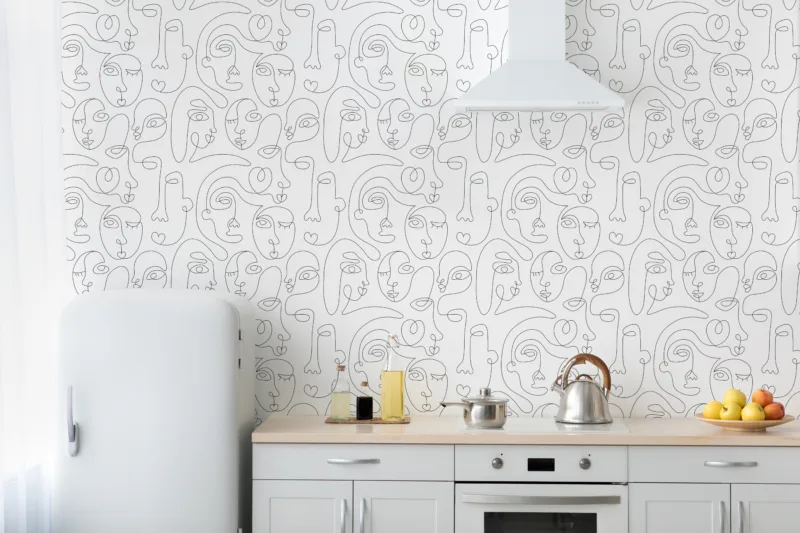 Boho Face Wallpaper One Line Drawing Modern Minimalist Chicago Interior Vibe Boho one-line face drawing wallpaper for Chicago lofts – minimalist wall décor with modern artistic flair