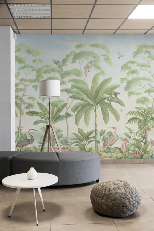 exotic-botanical-jungle-wallpaper-bird-wall-mural-florida-home-vibe Gentle pink and green watercolor jungle wallpaper ideal for New York Baby Room Decor Selection.