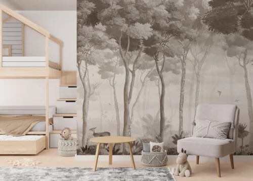 Forest Wallpaper Mural Peel Stick Deer Jungle Theme Wall Art Bedroom Chicago Vintage Homes Nature-inspired wall mural featuring deer, trees, forest and jungle style for rustic Boston living rooms.