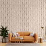 Living room interior wall mockup in warm tones with leather sofa Contemporary peel and stick wallpaper featuring rust brown leaves, perfect for entryways, powder rooms, or minimalist modern wall decor projects.