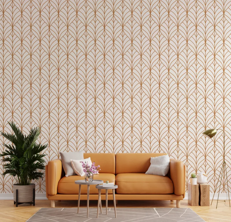 Living room interior wall mockup in warm tones with leather sofa Contemporary peel and stick wallpaper featuring rust brown leaves, perfect for entryways, powder rooms, or minimalist modern wall decor projects.