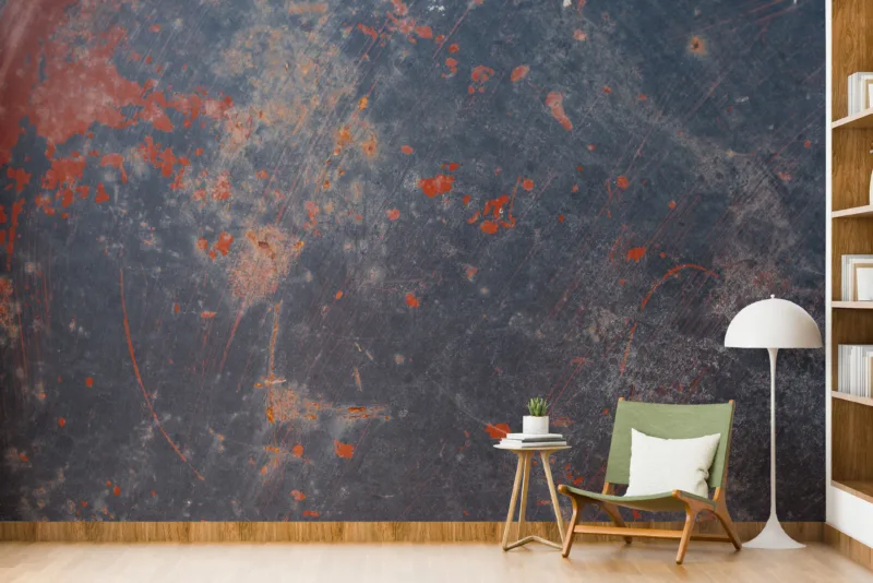 empty room, room, no people, realistic, backgrounds Bold navy and rust orange industrial wallpaper for lofts, peel and stick vinyl wall mural – a favorite for Brooklyn Apartment Trends and rustic urban decor lovers.