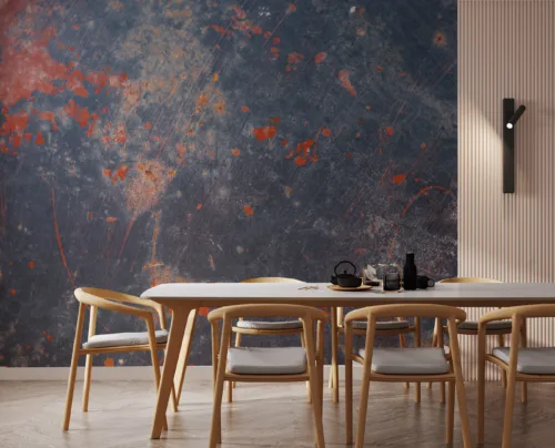 poster frames mock up in modern living room interior in white co Stylish grunge office wallpaper in peel and stick finish, loved in Austin Creative Homes – bold industrial texture in navy blue and burnt orange finish.