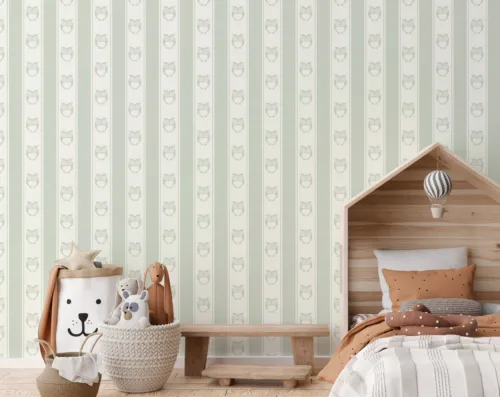 Removable nursery wallpaper with sage green owls and forest design, ideal for cozy Boston apartments and soft woodland baby room decor.