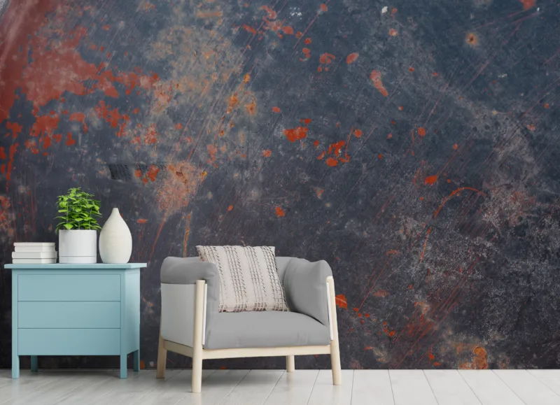 Living room with wooden table, lamps and pink armchair. High-impact removable rust mural wallpaper for entryways in Chicago lofts, featuring burnt orange metal patina, perfect for textured modern wall styling in Windy City interiors.