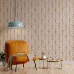 Empty room in warm tones with orange leather armchair and decora Stylish botanical wall covering with symmetrical leaf design in earthy rust brown, cream base adds light, ideal for cozy accent walls and hallways.