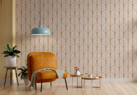 Stylish botanical wall covering with symmetrical leaf design in earthy rust brown, cream base adds light, ideal for cozy accent walls and hallways.