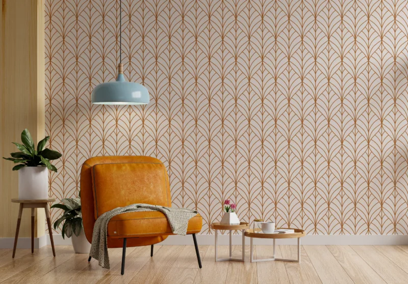 Empty room in warm tones with orange leather armchair and decora Stylish botanical wall covering with symmetrical leaf design in earthy rust brown, cream base adds light, ideal for cozy accent walls and hallways.