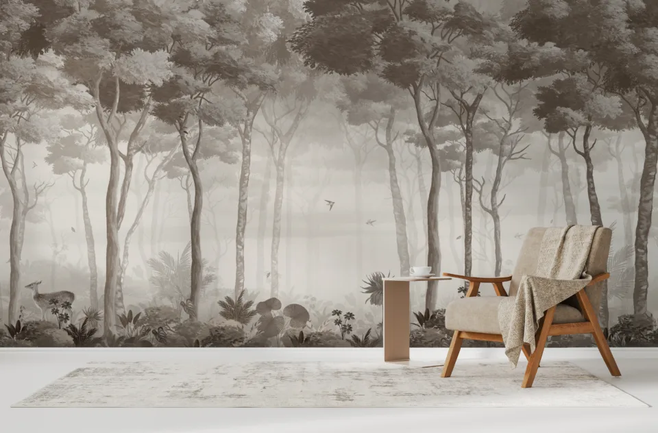 Removable Vinyl Wallpaper Vintage Jungle Forest Bedroom Decor Tree Animal Scene Miami Home Style Rustic peel and stick forest wallpaper showcasing nature and deer scene, perfect for Seattle lodge vibes.