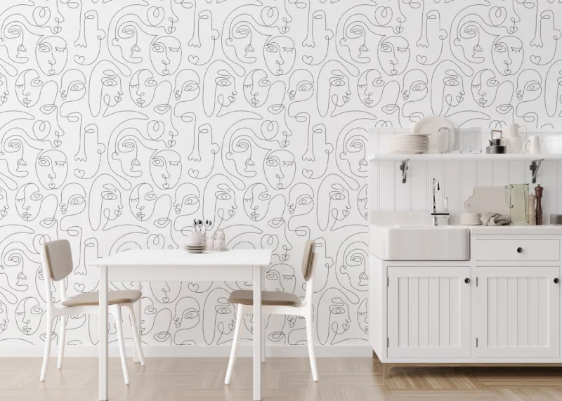 Removable Wallpaper Modern Line Art Abstract Faces Sanfrancisco Room Style Self-adhesive abstract face wallpaper for San Francisco rooms – peel and stick modern wall art in minimalist style