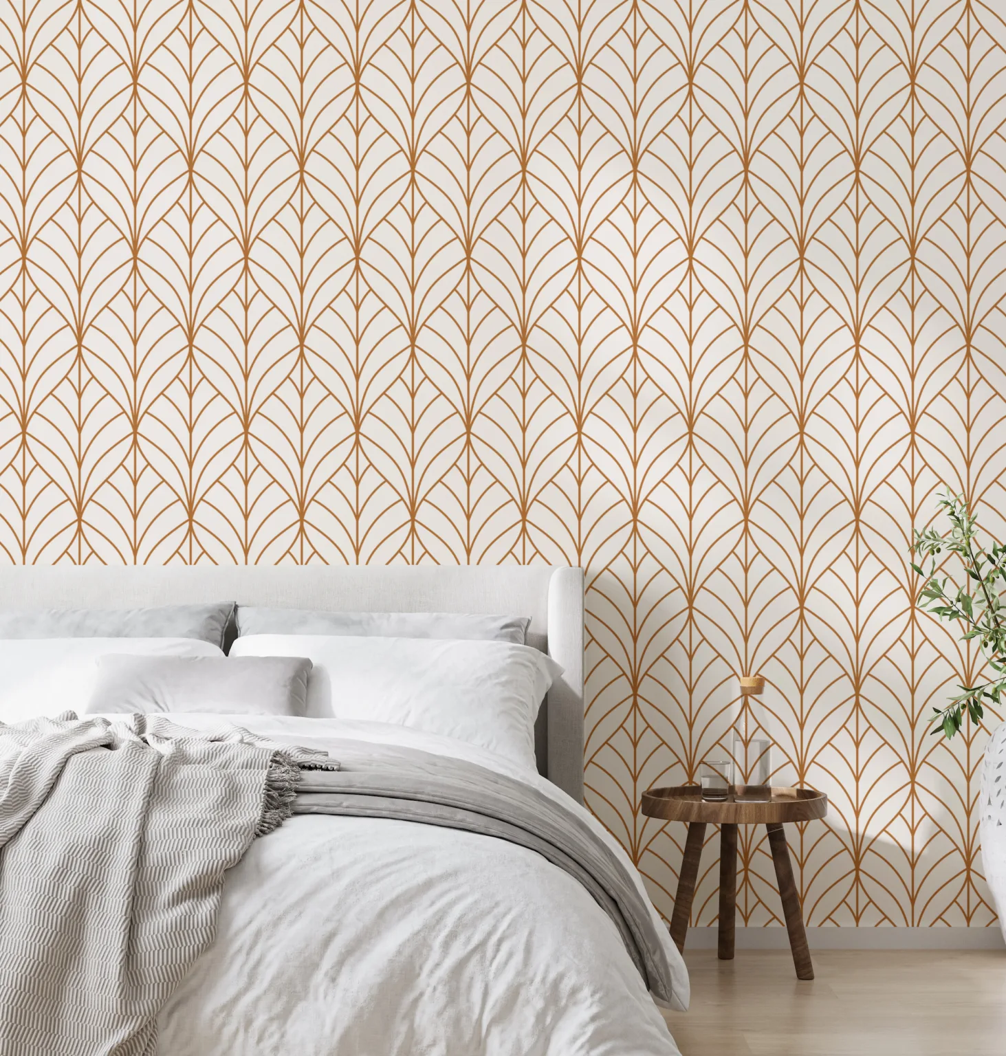 home interior, scandinavian style bedroom mock up, 3d rendering Art Deco inspired rust leaf wallpaper in warm tones, perfect for bedroom feature walls or boho home office spaces, self-adhesive and repositionable.