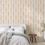 home interior, scandinavian style bedroom mock up, 3d rendering Art Deco inspired rust leaf wallpaper in warm tones, perfect for bedroom feature walls or boho home office spaces, self-adhesive and repositionable.