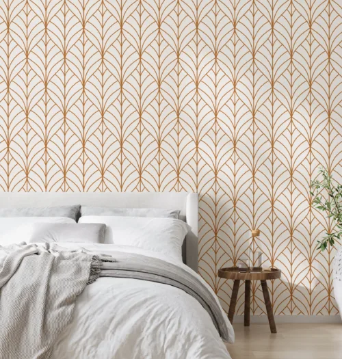 home interior, scandinavian style bedroom mock up, 3d rendering Art Deco inspired rust leaf wallpaper in warm tones, perfect for bedroom feature walls or boho home office spaces, self-adhesive and repositionable.