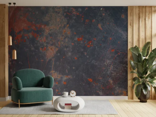 Modern interior of wall space with green armchair on empty white Navy and rust wall mural for urban living rooms in Seattle spaces – self-adhesive wallpaper with realistic patina texture, ideal for contemporary loft aesthetics.