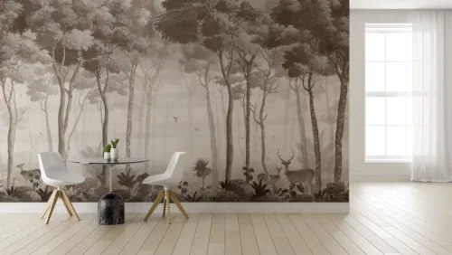 Sepia Woodland Wall Art Nature Theme Deer Trees Removable Peel Stick Wallpaper California Style Touch Vintage wallpaper mural with deer and jungle trees, peel and stick rustic bedroom wall decor for Austin homes.