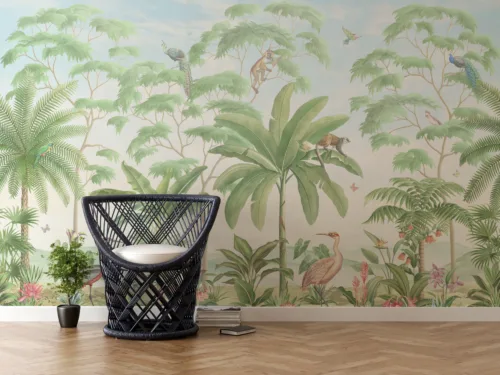 Interior of modern living room with chair 3D rendering Watercolor-style tropical jungle wallpaper with green leaves, perfect for New Jersey Living Homes Feature.
