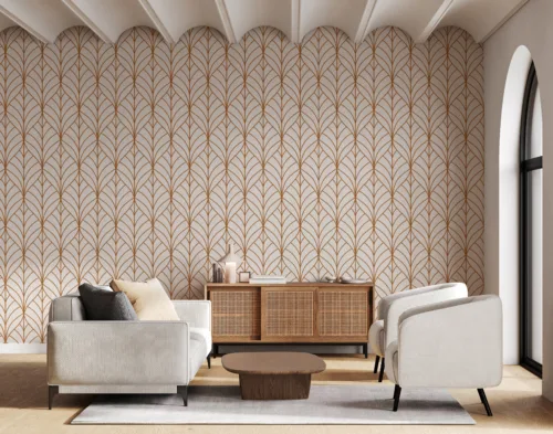 Light beige room interior, living room interior mockup, empty be Rust brown leaf pattern wallpaper on cream background, ideal for modern living rooms, easy peel and stick removable design for renter-friendly decor.