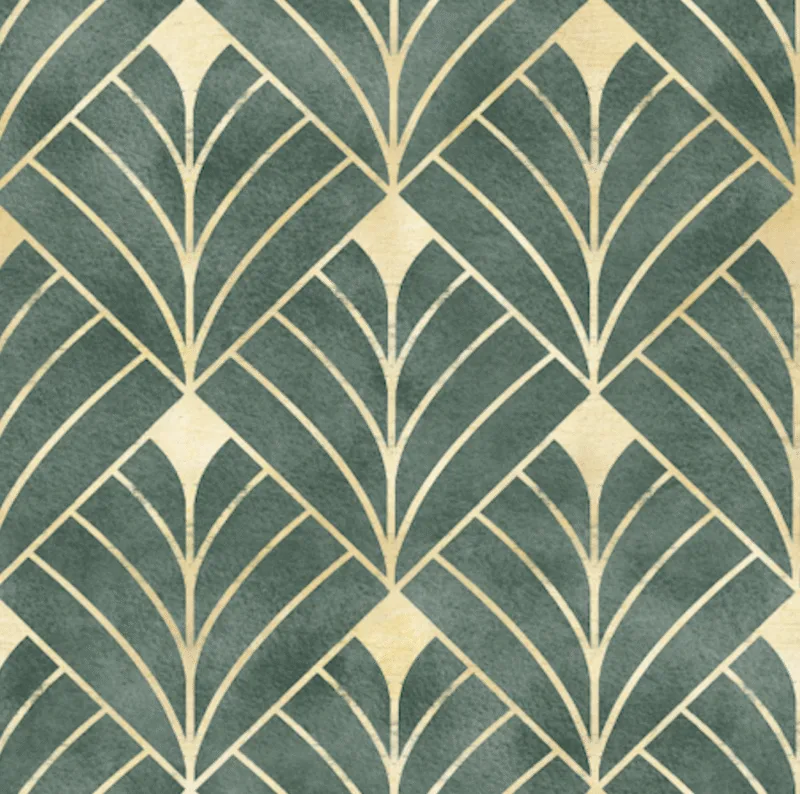 A stunning green and gold Art Deco peel and stick wallpaper, designed with a glamorous style that elevates any living or dining space. This removable wall covering adds a bold geometric touch and luxury vibe, perfect for Boston homes that want stylish wall art with convenience.