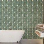 Elegant Art Deco wallpaper in a green and gold design, perfect for dining room décor with a luxurious and removable peel and stick style. A modern yet classic choice for Los Angeles homes.