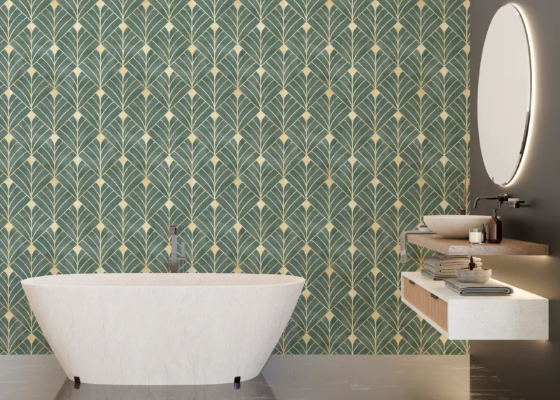 Elegant Art Deco wallpaper in a green and gold design, perfect for dining room décor with a luxurious and removable peel and stick style. A modern yet classic choice for Los Angeles homes.