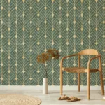 Luxurious green and gold Art Deco wallpaper designed for hallways, offering a removable peel and stick mural look that enhances Washington DC interiors.