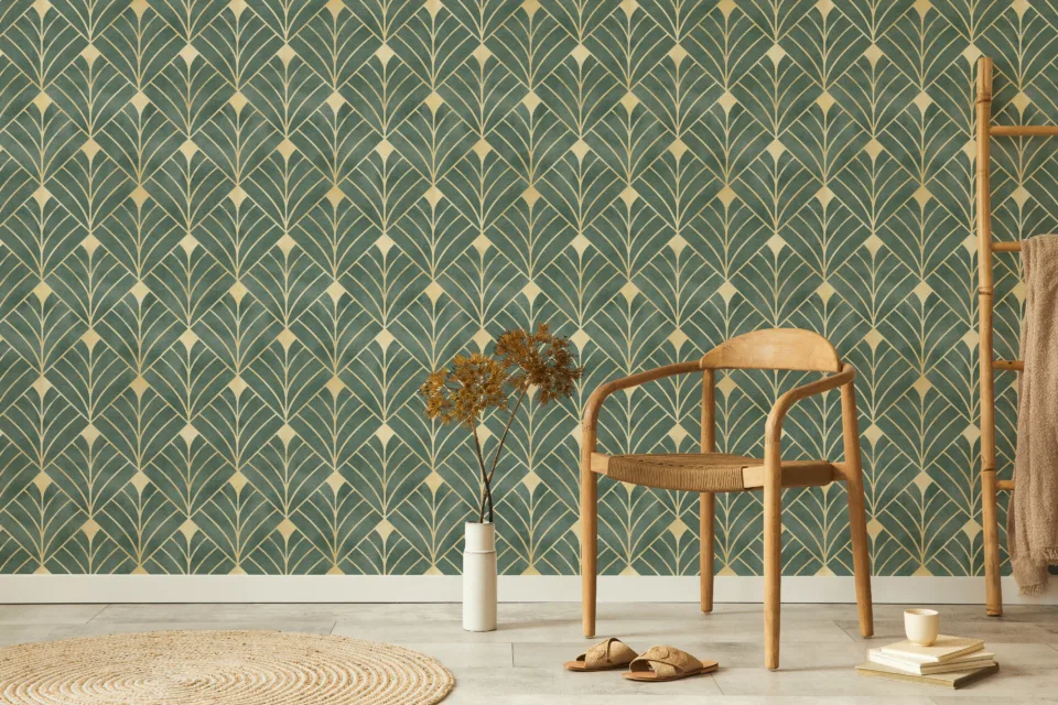 Art Deco Wallpaper Green Gold Luxury Hallway Peel Stick Washington Dc Mural Look Luxurious green and gold Art Deco wallpaper designed for hallways, offering a removable peel and stick mural look that enhances Washington DC interiors.
