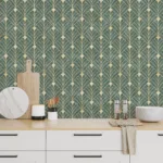 Green and gold Art Deco wallpaper tailored for removable kitchen décor, designed as a New York homes special.