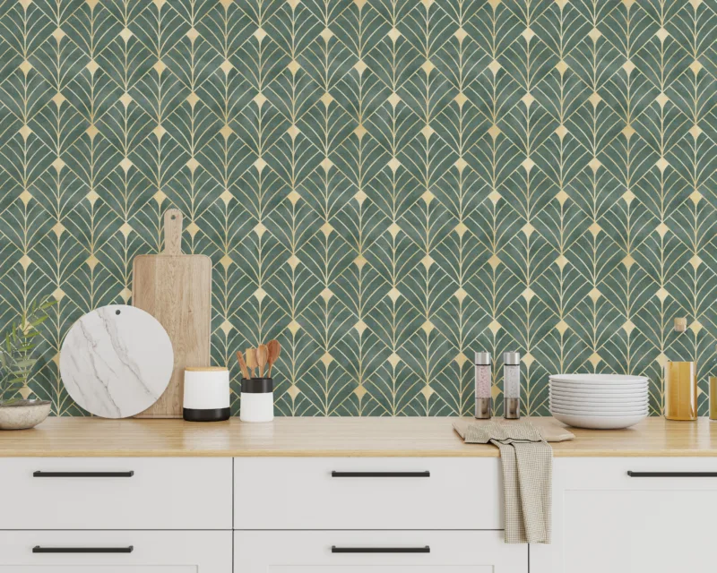Green and gold Art Deco wallpaper tailored for removable kitchen décor, designed as a New York homes special.
