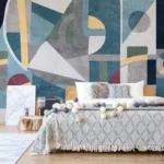 Abstract artistic peel and stick wallpaper in blue gray and yellow geometric tones, modern design accent wall perfect for Seattle office style.