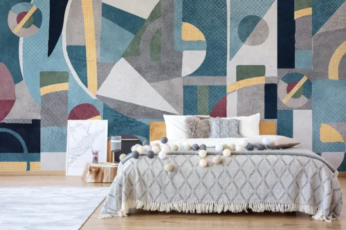 Artistic Peel And Stick Wallpaper Modern Office Accent Blue Tones Seattle Theme Abstract artistic peel and stick wallpaper in blue gray and yellow geometric tones, modern design accent wall perfect for Seattle office style.